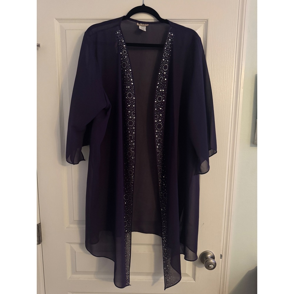 C.O.C. Purple Sheer Chiffon Rhinestone Open Front Cardigan Plus Size 3X USA Made